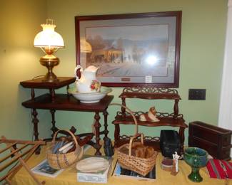 Small walnut table, walnut shelf,baskets, Civilwar print