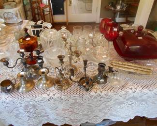 selection candle sticks, cranberry glass