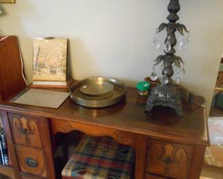 lamp and brass items, Nice desk & chair, old photo album,