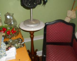 victorian chair, fern stand, old hats