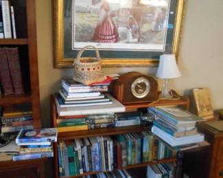 more books signed Franklin print, mantle clock