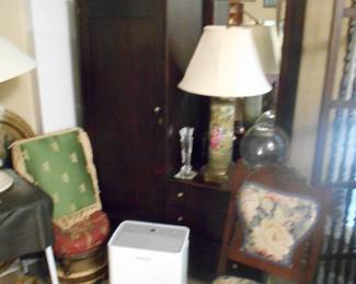 Vintage wardrobe, foot stools, lamps upholstered chairs