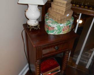 night stand part of bedroom suite, hat boxes, lamps