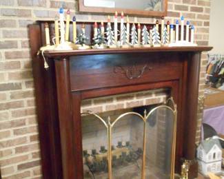 Nice mantle for sale, brass fire screen, brass fireplace tools, christmas candles