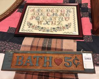 Primitive Wood Bath Sign, Stitched Art