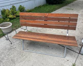 Wooden Bench, Metal Plant Stand, Planter
