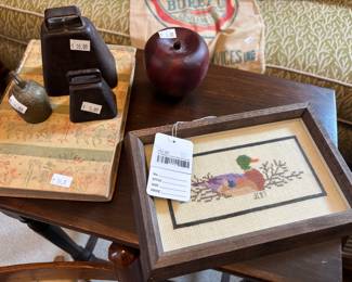 Framed Cross Stitch Duck, Antique Cow Bells