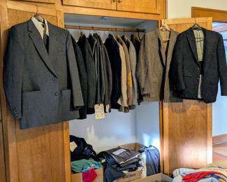 Quality vintage - Men's suits and jackets. Most suits are from Nordstrom. Harris Red jackets. Vintage Members Only blue velvet suit with vest and bow tie.