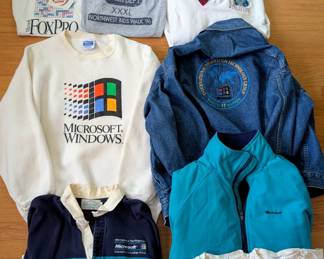 1990s tech swag - t shirts, jackets, polos, sweatshirts