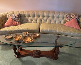 Tufted Sofa with Glass Top Coffee Table