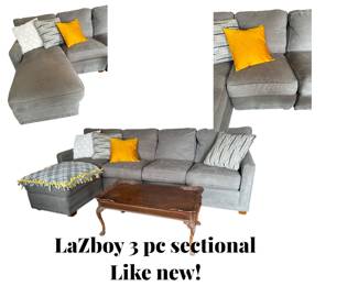 La-Z-Boy 3 pc sectional - Gray - Like New - 1 pc is a lounger; 1 piece has one cushion - like a chair; 1 piece has 2 cushions - like a loveseat