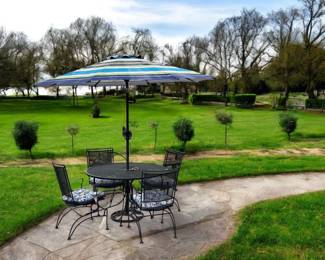 Wrought Iron Outdoor table, umbrella, 4 chairs