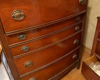 Retro Wood Bedroom set (Dixie) which includes – full-size headboard/footboard – dresser with mirror – chest of drawers – set of nightstands – ALL match but are sold separately