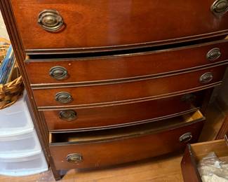 Retro Wood Bedroom set (Dixie) which includes – full-size headboard/footboard – dresser with mirror – chest of drawers – set of nightstands – ALL match but are sold separately