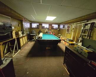 Vintage furniture, trunks, pool table, was tub, old chicago vintage lanterns, pool balls, pool cues, accessories, vintage parquet flooring