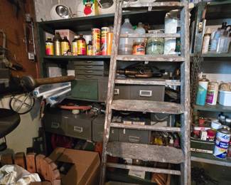 LADDER, EYE BALL LIGHTS, MANY METAL STORAGE TOOL BOXES
