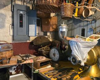 Baskets, Vintage scale, coffee grinder, Hobart, and