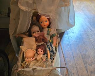 Vintage dolls, vintage doll bed with canopy