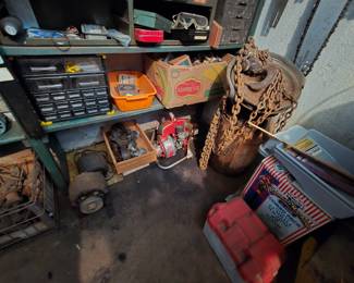 Gumball Machine, several tool kits, boxes, storage 
