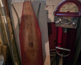 Vintage wooden ironing board, mercury athletic scale, strength tester, 1950s
