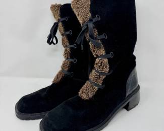 71 StuartWeitzmanBlackLeatherFurTrimBootsSize10MadeinSpain