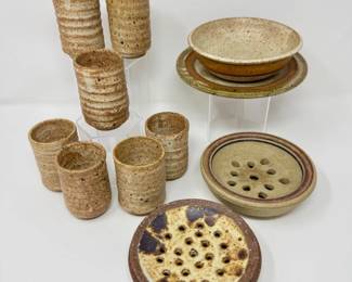 45 StudioPotterySetwCupsBowlsDrainersRusticStoneware