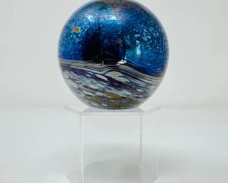 38 IridescentBlueMetallicArtGlassSphereSignedGlasform