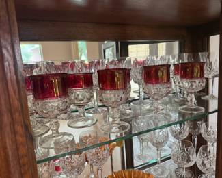 Imperial Glass Ruby Red Kings Crown Goblets and Waterford Lismore collection of crystal wine, champagne, water and tumblers in various sizes. Also Lismore pitcher and biscuit jar.