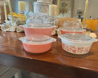 Vintage Pyrex Casserole Dishes: Pink Gooseberry and white Autumn Harvest patterns with lids. Never been in the dishwasher, so in excellent condition. Please understand that we cannot provide pricing on items nor do we pre-sell.