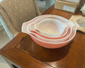Vintage Pyrex Casserole Dishes: Pink Gooseberry and white Autumn Harvest patterns with lids. Never been in the dishwasher, so in excellent condition.  Please understand that we cannot provide pricing on items nor do we pre-sell.