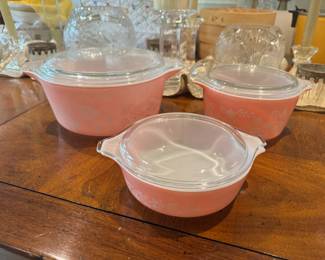 Vintage Pyrex Casserole Dishes: Pink Gooseberry and white Autumn Harvest patterns with lids. Never been in the dishwasher, so in excellent condition.  Please understand that we cannot provide pricing on items nor do we pre-sell.