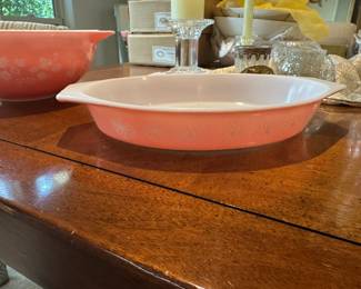 Vintage Pyrex Casserole Dishes: Pink Gooseberry and white Autumn Harvest patterns with lids. Never been in the dishwasher, so in excellent condition. Please understand that we cannot provide pricing on items nor do we pre-sell.