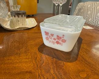 Vintage Pyrex Casserole Dishes: Pink Gooseberry and white Autumn Harvest patterns with lids. Never been in the dishwasher, so in excellent condition.  Please understand that we cannot provide pricing on items nor do we pre-sell.