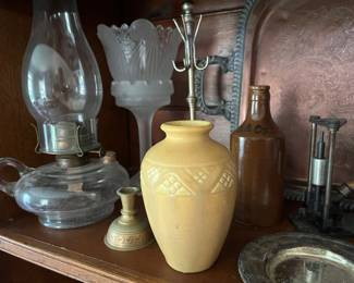 Vintage glass, pottery and metalware, including the Rookwood Pottery vase with matte yellow glazing.