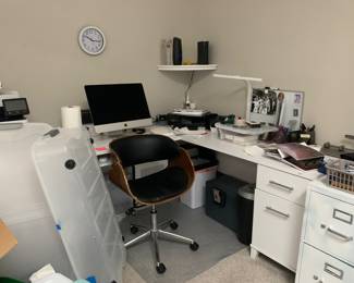 Office will be tidy on Friday! L-shaped desk, chair, 2 file cabinets, desk top light etc.