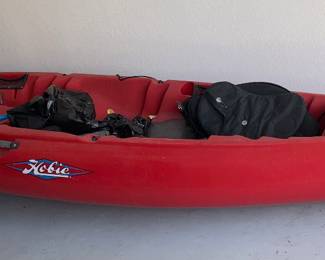 14' Hobie 2-person kayak with oars and wheels/trailer.