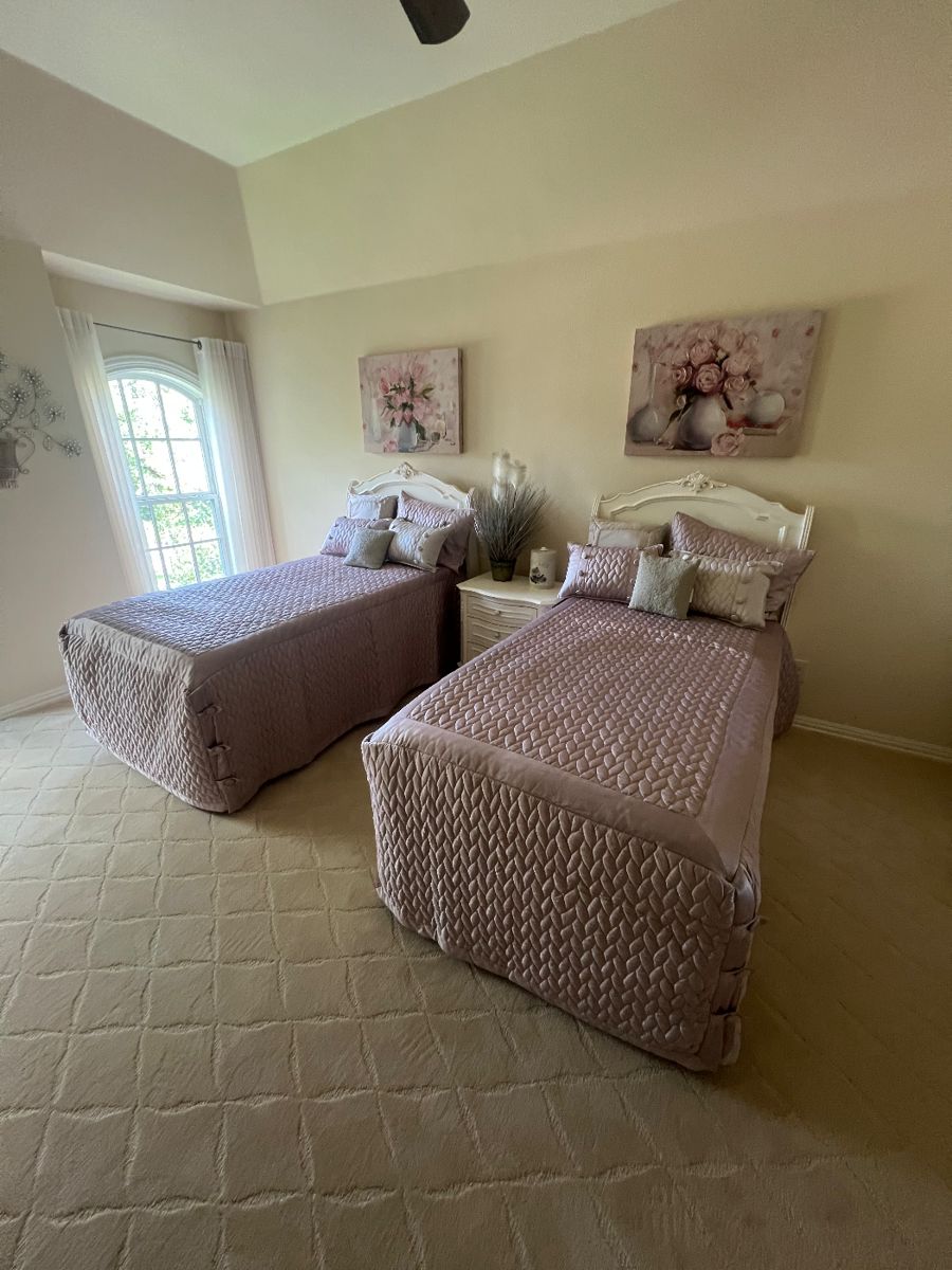GREAT BUY! Twin room with white beds and custom linens. Now just $350 for the pair!
