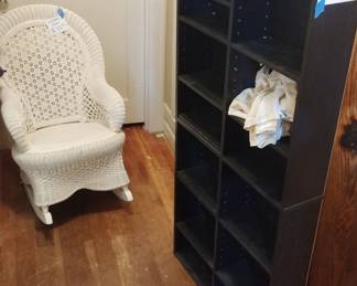 Vintage reproduction rocker, particle board, Knick knacks shelf