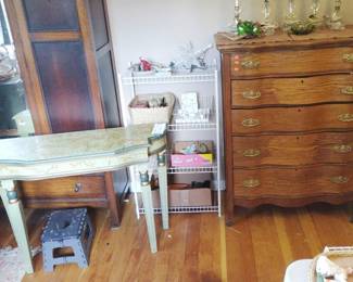 British Edwardian armoire, refinished 1910s oak chest, contemporary green demilune table