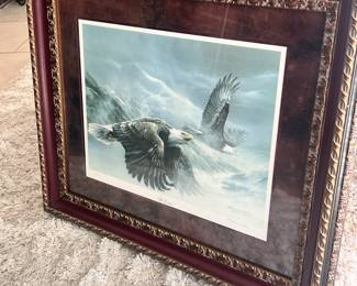 large heavy framed eagle art - 35" W - signed by artist