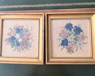 vintage framed Crewel floral art