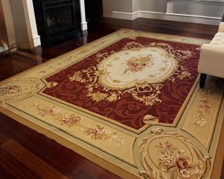 Aubusson rug, red with tan border & floral, 9 X 12
