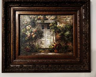 Oil on canvas door scene with flowers by Stevens