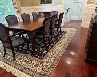 Henkle Harris dining table and 8 upholstered chairs, has a matching sideboard and server