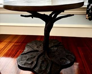 Round accent table metal tree base with wood top