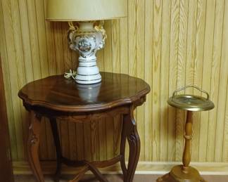 1920s table, old lamp and pine smokers ashtray stand