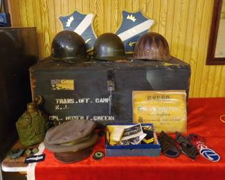 Military Helmets, dog tags, wood trunk and more