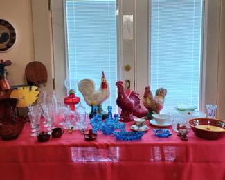 More roosters and colored glassware 