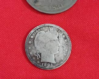 1831 Capped Bust half dollar, 1894 quarter and 1904 nickel