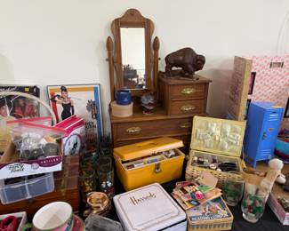 sewing items, thimbles, thread, antique child's play dresser